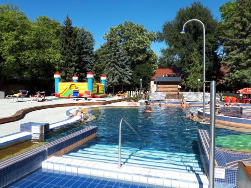 una piscina en un parque con gente en el agua en Gyula-tanya Vendégház, en Csongrád