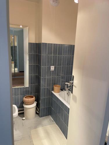 une salle de bain avec toilettes, lavabo et miroir dans l'établissement Vallonpierre2, à Orcières