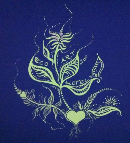 a drawing of a heart and flowers on a blue background at Eco Art Hotel Statuto in Turin