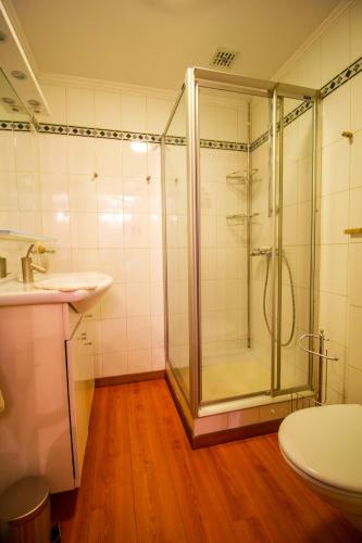 a bathroom with a shower and a sink at Gite les bons amis in Plombières