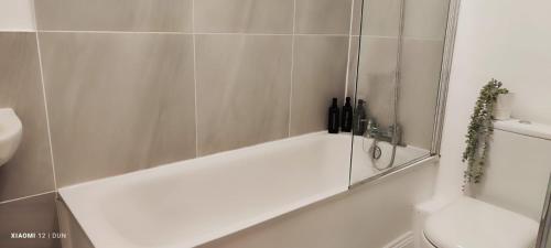 bagno con vasca bianca e servizi igienici di Glenmore Suites a Londra