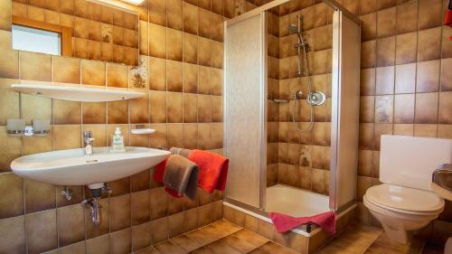 a bathroom with a sink and a shower and a toilet at Pension Riese in Neustift im Stubaital