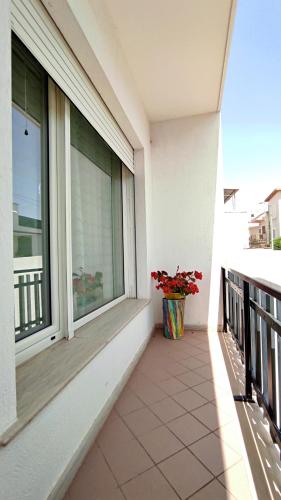 a balcony with a vase of flowers and a window at L' Appoggio - Monolocale Eco-sostenibile A Due Passi Dal Centro Storico in Corsano