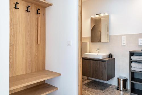 a bathroom with a sink and a mirror at Mountain Meadows Apt 1 in Valdaora