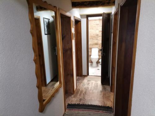 um corredor com um espelho e uma casa de banho com um WC em Майоровата къща em Shiroka Lŭka