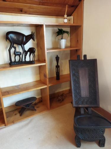 a room with wooden shelves with a chair and a desk at NOMAD ALP B&B in Marthod