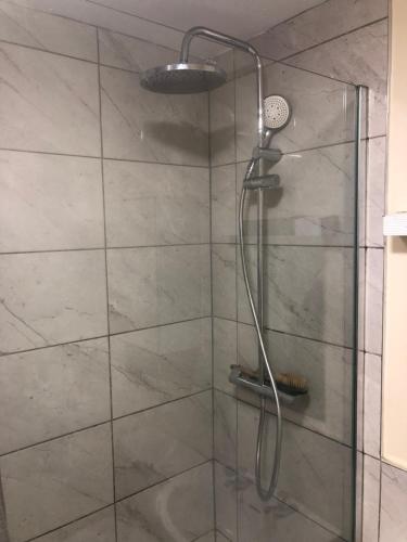 W łazience znajduje się prysznic ze szklanymi drzwiami. w obiekcie Connolly Private Guest House w Dublinie