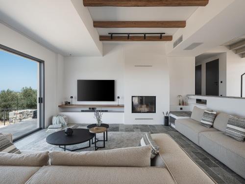 a living room with a couch and a tv at Brand new Villa Eleftheria BY APOKORONAS-VILLAS in Plaka