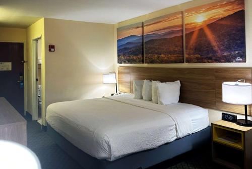 a hotel room with a bed with four paintings on the wall at Days Inn & Suites by Wyndham Eunice in Eunice