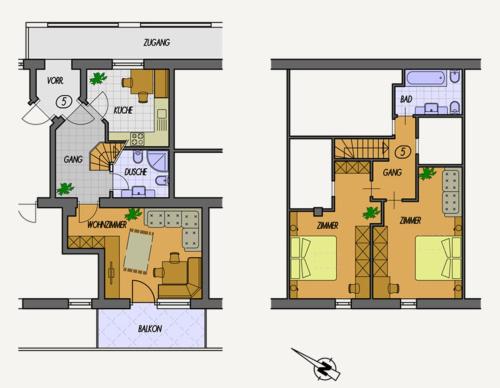a floor plan and elevation of a house at Kristiania Apartement Typ B in Siusi