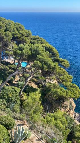 een uitzicht op een heuvel met bomen en de oceaan bij White Cap Sa Sal in Girona