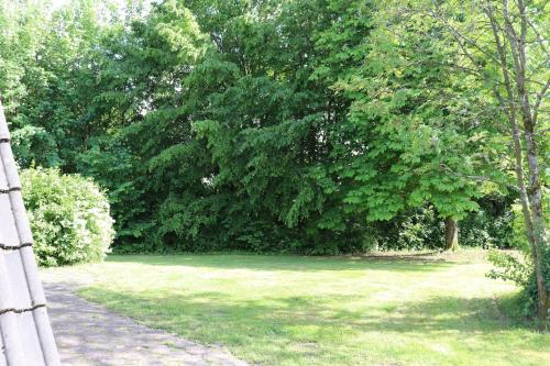 un parco con alberi e erba e un sentiero di Ferienhaus Winnetou Im Abendrot 127 a Waldbrunn