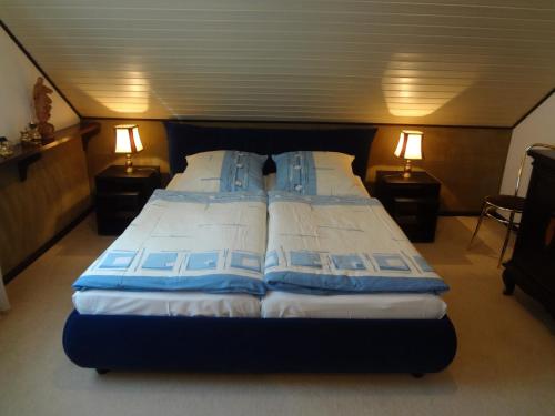 1 Schlafzimmer mit 2 Betten mit blauen und weißen Kissen in der Unterkunft Gästehaus am Ahornweg in Bernkastel-Kues