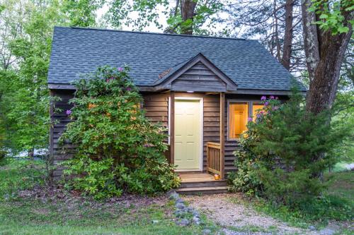 een kleine hut in het bos met een deur bij Love Ridge Mountain Lodging in Lyndhurst