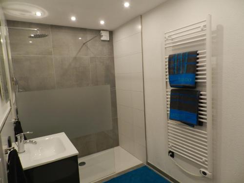 a white bathroom with a shower and a sink at Ferienwohnung Schwendemann in Laichingen