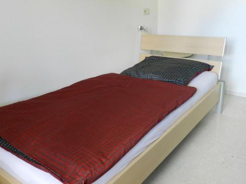 a bed with a red blanket on top of it at Ferienwohnung Schwendemann in Laichingen