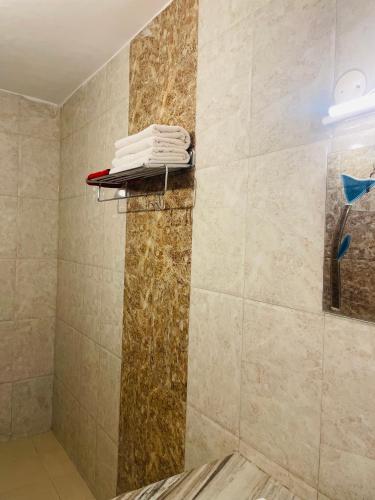 a bathroom with a shower with towels on a shelf at Wonder homes in Chhota Simla