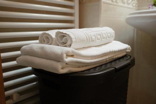 een stapel handdoeken bovenop een vuilnisbak in de badkamer bij Rosende VUT in Arzúa