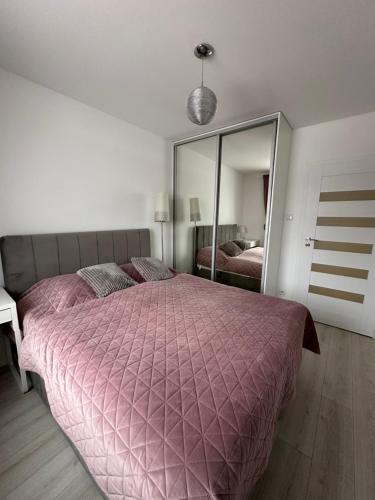 a bedroom with a large pink bed and a mirror at Apartament Szczytno Zielona in Szczytno