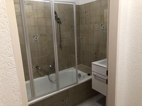a bathroom with a shower and a tub and a sink at Ferienwohnung Am Meierhof, 50qm in Wehr