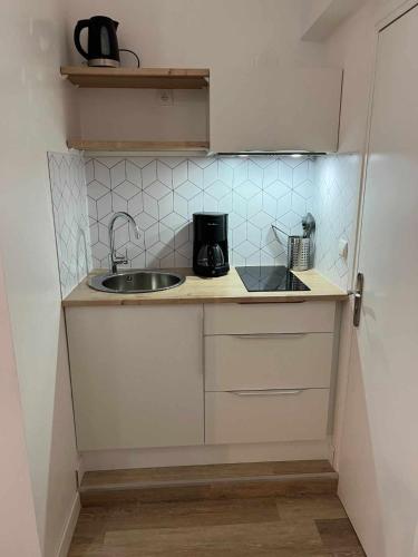 une petite cuisine avec un évier et un micro-ondes dans l'établissement SAINT GERY 2, à Valenciennes