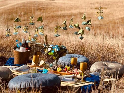 a table with butterflies flying over a field at Refúgio dos Coiotes in Cambara do Sul