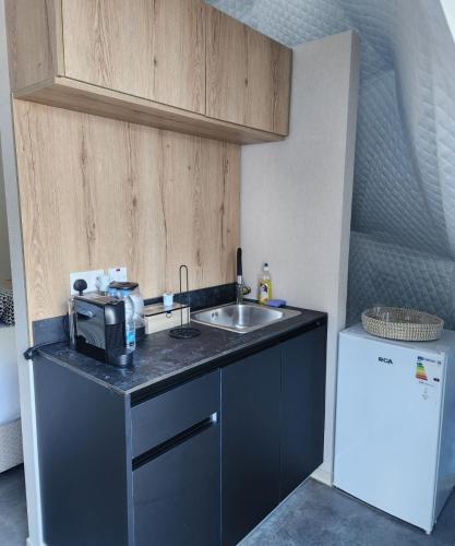 a kitchen with a sink and a microwave at River Glamping Kalopanayiotis in Kalopanayiotis