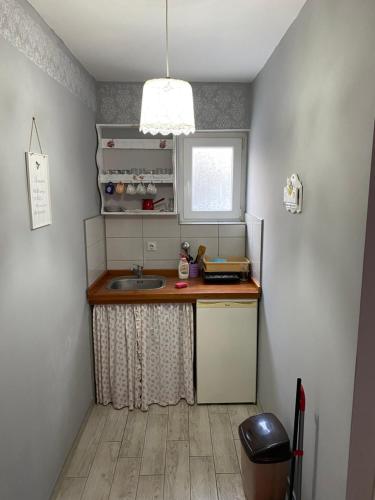 a small kitchen with a sink and a window at Smestaj Milovanovic in Soko Banja