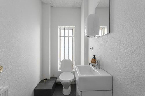 a white bathroom with a toilet and a sink at Bank Guesthouse by KEF Airport in Keflavík