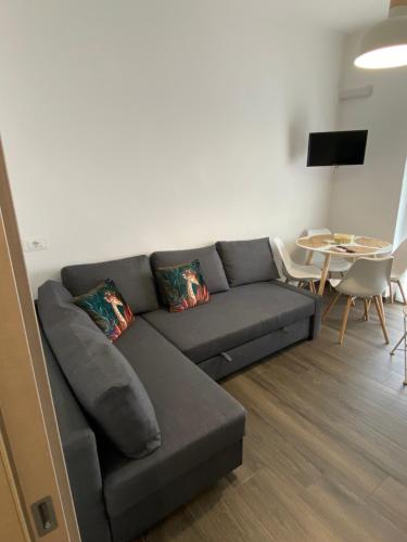 un soggiorno con divano grigio e tavolo di Allen apartments a Siracusa