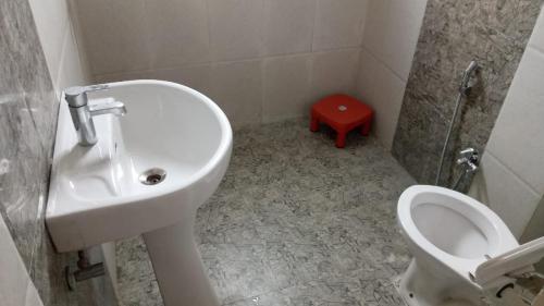 a bathroom with a white sink and a toilet at Bayweaver nests homestay in Royal plaza 905 in Lucknow