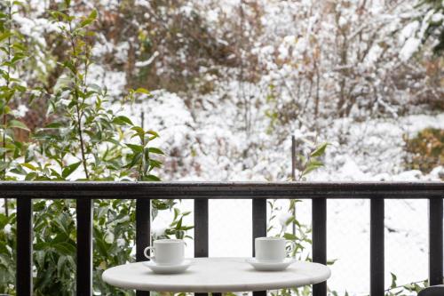 two cups on a table on a balcony with snow at Hotel Katafigio in Elati Trikalon