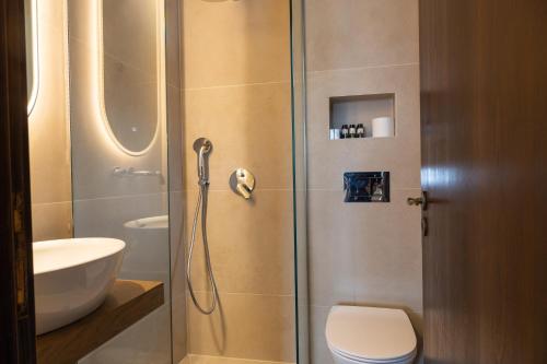 a bathroom with a shower with a toilet and a sink at Hotel Katafigio in Elati Trikalon
