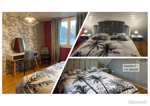 two pictures of a bedroom with a bed and a desk at La maison de Lilylou in Villars-Saint-Georges