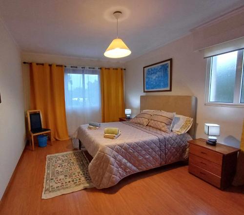 a bedroom with a large bed and a window at Quinta das rãs in Ponta Delgada