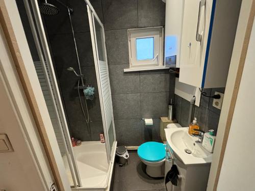 uma pequena casa de banho com um chuveiro, um WC e um lavatório. em Voske2 em Gent