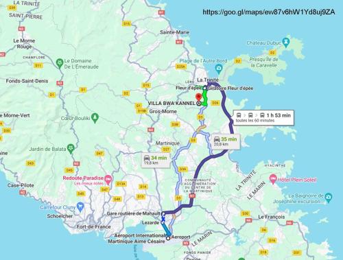 a map of the route of a road trip at Villa Bwa Kannel in La Trinité