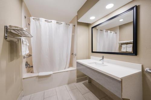 a bathroom with a sink and a shower and a mirror at Americas Best Value Inn I-45 / Loop 610 in Houston