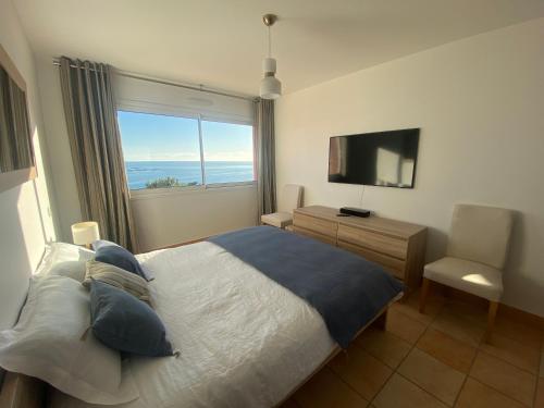 Mini villa Hameaux des Sanguinaires AJACCIO في أجاكسيو: غرفة نوم بها سرير وتلفزيون ونافذة