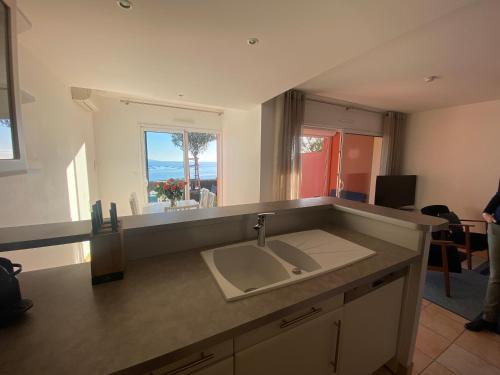 Mini villa Hameaux des Sanguinaires AJACCIO في أجاكسيو: مطبخ مع حوض وإطلالة على المحيط