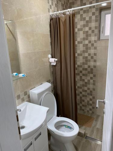 a bathroom with a toilet and a sink and a shower at Smestaj Milovanovic in Soko Banja
