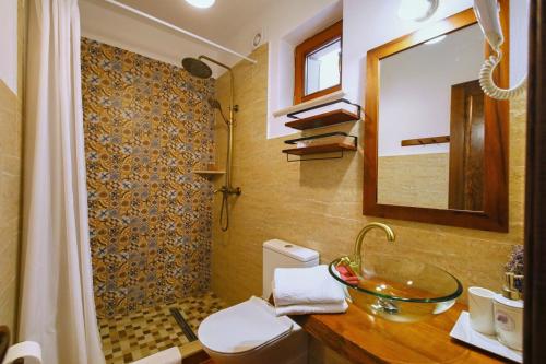 a bathroom with a sink and a toilet and a shower at AMA Guest House in Turda