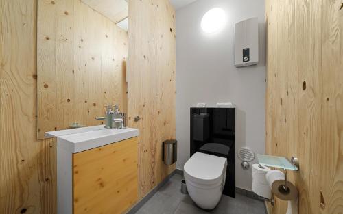 a bathroom with a white toilet and a sink at Aparthotel Zell am See (Contactless Check-In) in Zell am See