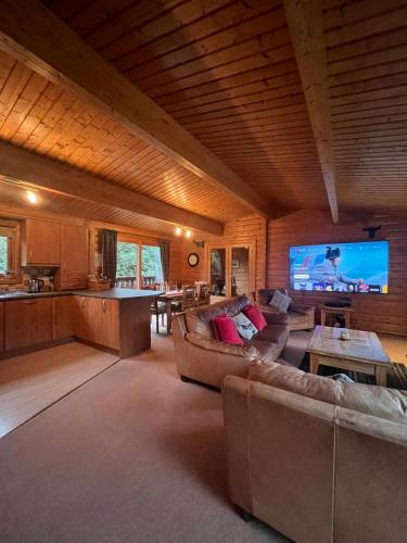 a living room with couches and a large screen tv at Kipplochan in Dalbeattie