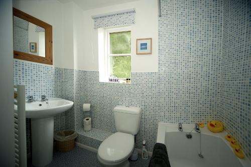 Baño de azulejos azules con aseo y lavamanos en Grayz Townhouse - Free onsite parking for 2 cars en Lincoln