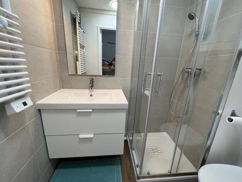 une salle de bain avec un lavabo et une douche dans l'établissement Studio cabine à 100m plage et commerces avec climatisation et parking - FR-1-100-326, à Cavalaire-sur-Mer