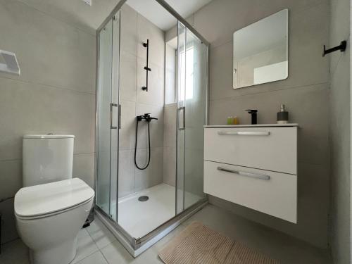 uma casa de banho com uma cabina de duche em vidro e um WC. em Prince Boutique Apartment/1BR em Nicósia