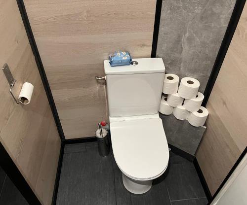 um WC branco numa casa de banho com rolos de papel higiénico em 2 privé verdiepingen in stadswoning, bij Station en centrum em Venlo