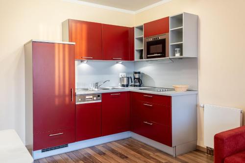 una pequeña cocina con armarios rojos en una habitación en Hafendomicil Appartement WH06 - Hase, en Waren