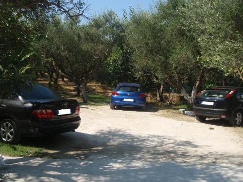 two cars parked on a dirt road next to trees at Billy's Amoudi Apartments in Amoudi